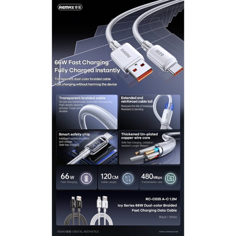 REMAX USB / Type C Fast Charging Data Cable 66W 1.2M RC-C025